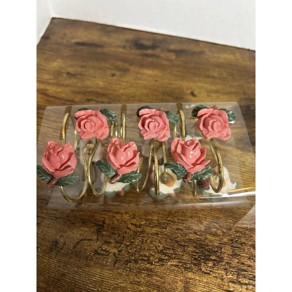 Vintage American Rose 12 Hand-Painted Pink Roses Shower Curtain Hooks Set in Box